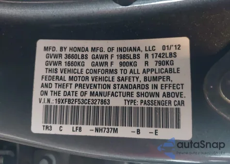 2012 Honda Civic Lx z USA, uszkodzony, nr VIN 19XFB2F53CE327863